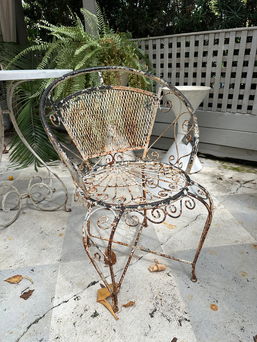 Antique White Painted Iron Chair