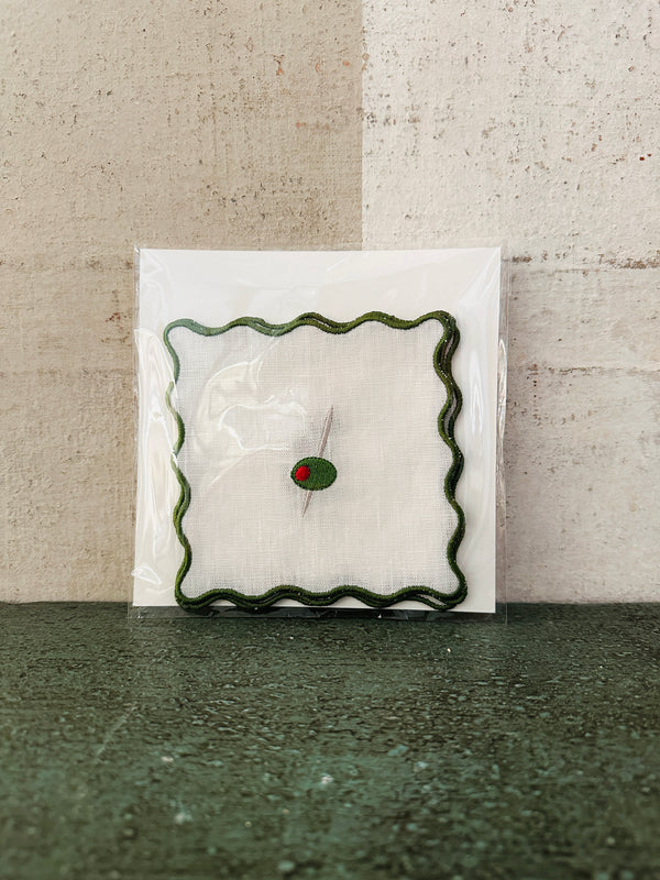 Wavy Edge Cocktail Napkins- Olive set of 4: Green