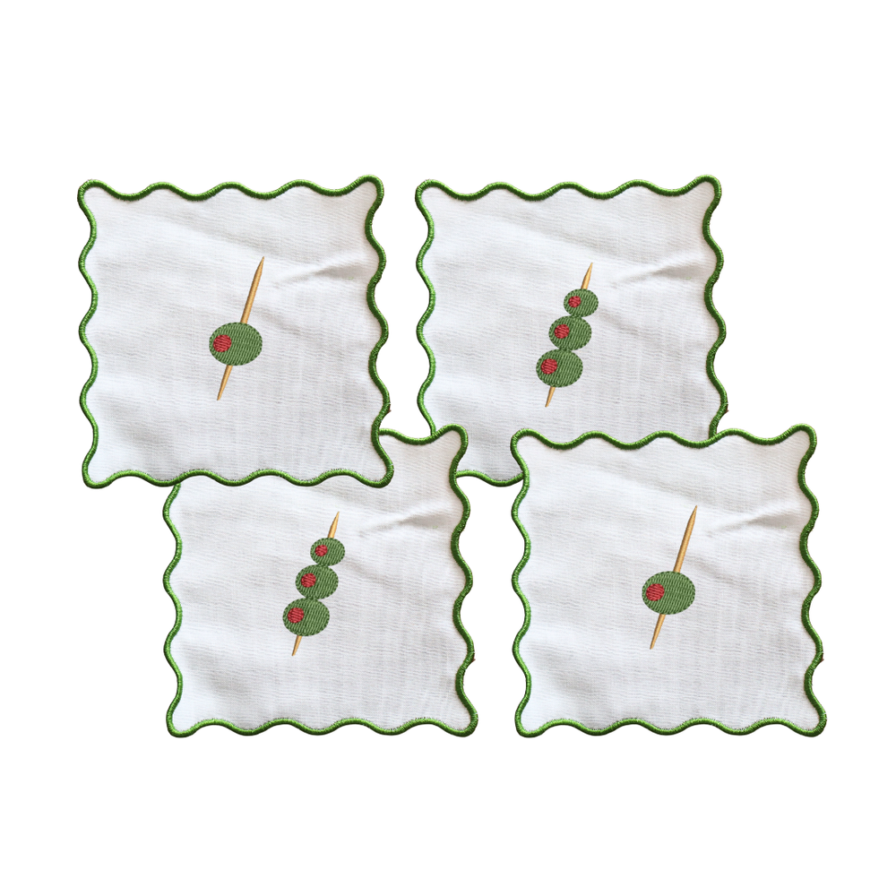 Wavy Edge Cocktail Napkins- Olive set of 4: Green
