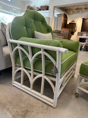 White Bamboo Chair and Ottoman w/ Green Fabric
