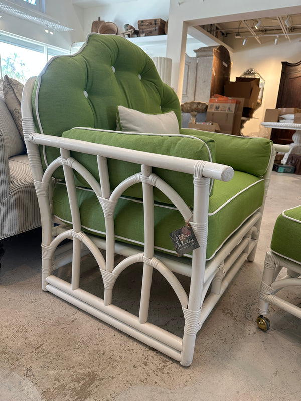 White Bamboo Chair and Ottoman w/ Green Fabric