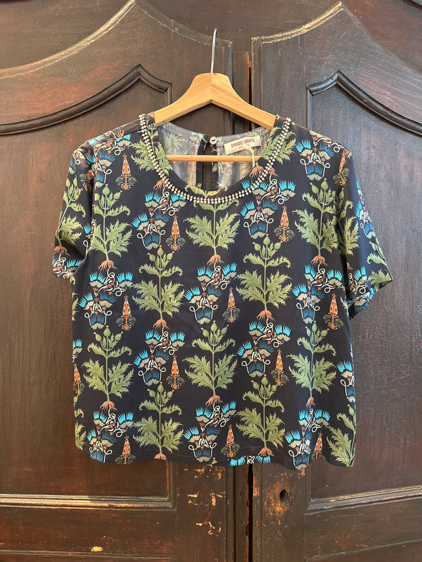 Persian Botanic Gabrielle Navy Silk Top