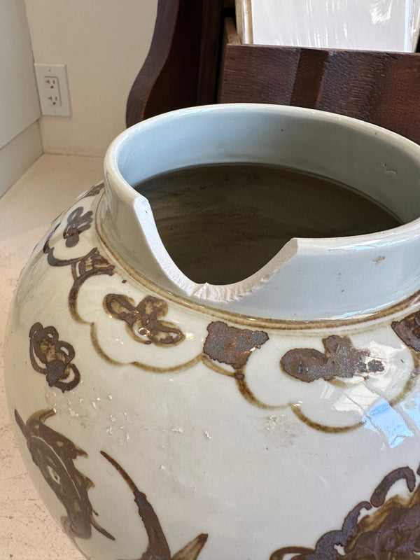 Small Brown & White Dragon Urn *As Is