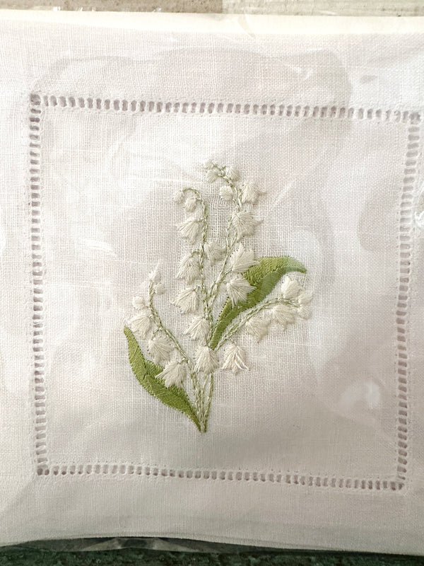 Lily of the Valley Embroidered Cocktail Napkins- Set of 4