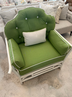 White Bamboo Chair and Ottoman w/ Green Fabric