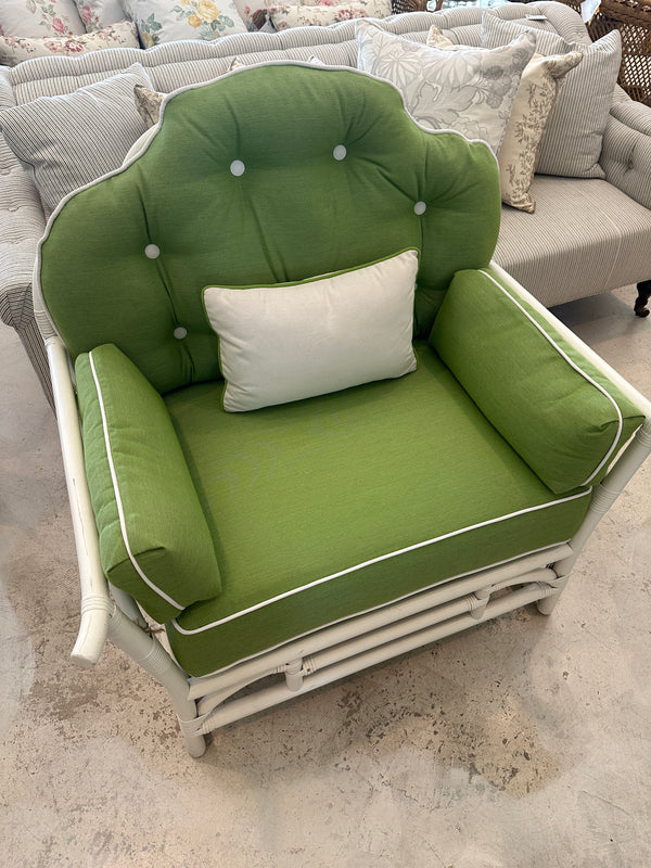 White Bamboo Chair and Ottoman w/ Green Fabric