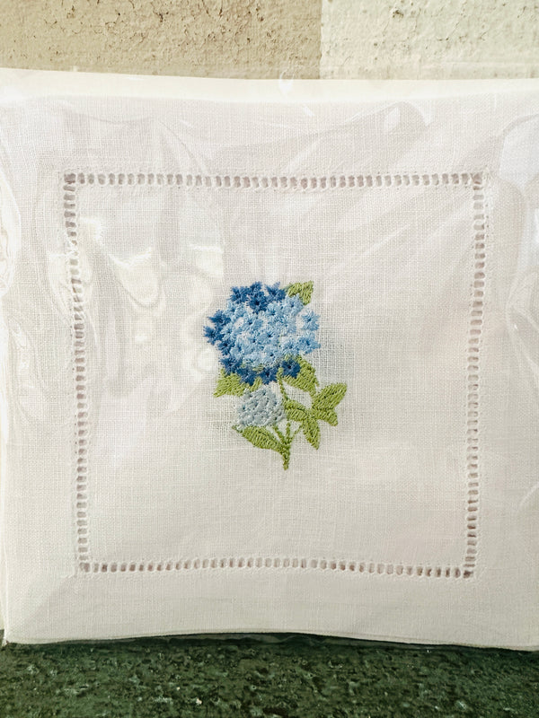 Hydrangea Embroidered Cocktail Napkins- Set of 4
