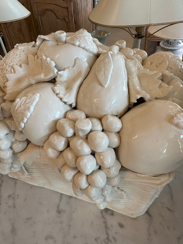 Vintage Italian Ivory Ceramic Basket w/ Fruit