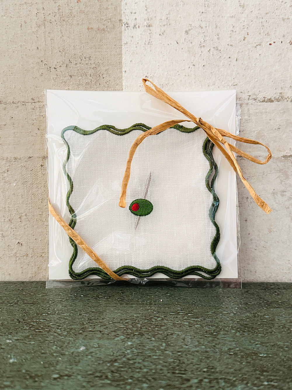 Wavy Edge Cocktail Napkins- Olive set of 4: Green