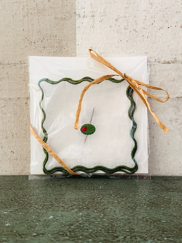 Wavy Edge Cocktail Napkins- Olive set of 4: Green