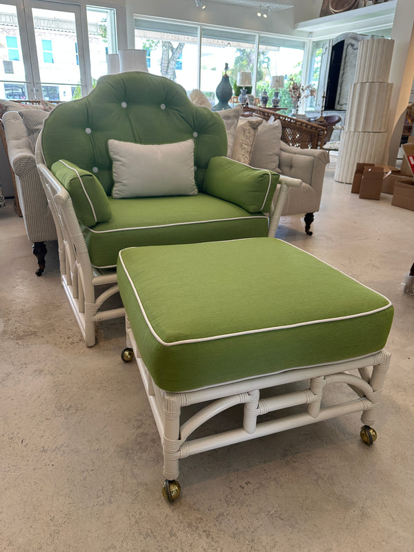 White Bamboo Chair and Ottoman w/ Green Fabric
