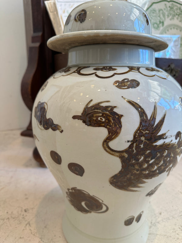 Small Brown & White Dragon Urn *As Is