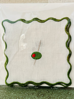 Wavy Edge Cocktail Napkins- Olive set of 4: Green