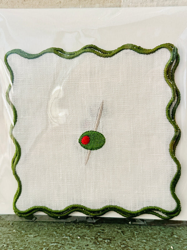 Wavy Edge Cocktail Napkins- Olive set of 4: Green