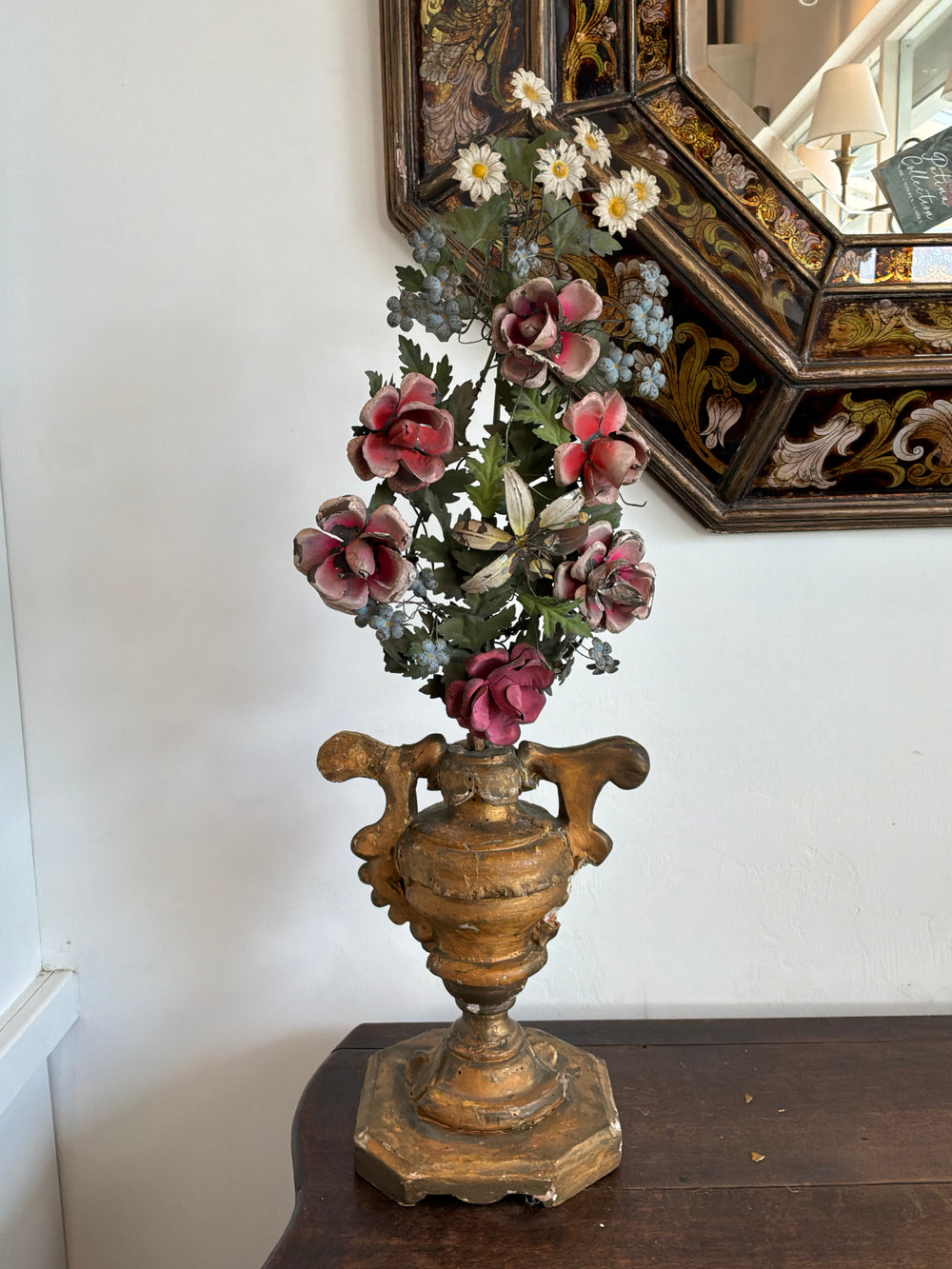 Tole Flowers on Antique Wooden Stand