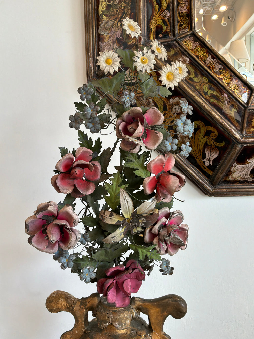 Tole Flowers on Antique Wooden Stand