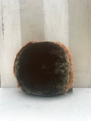Round Plain Olive Fringe Velvet Pillow