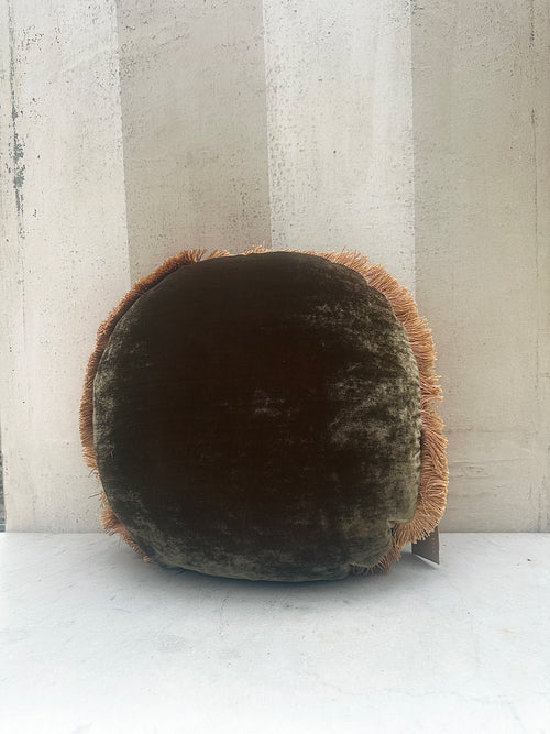 Round Plain Olive Fringe Velvet Pillow