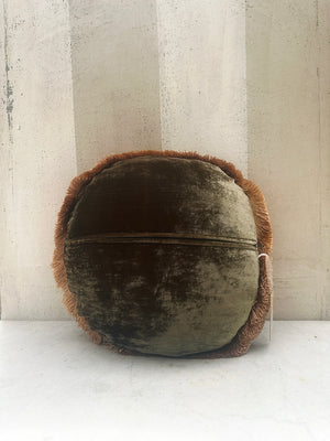 Round Plain Olive Fringe Velvet Pillow