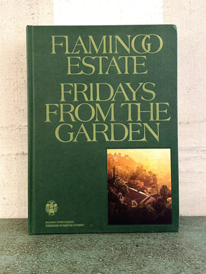 Green book titled 'Fridays from the Garden' by Flamingo Estate on a textured surface with a light background