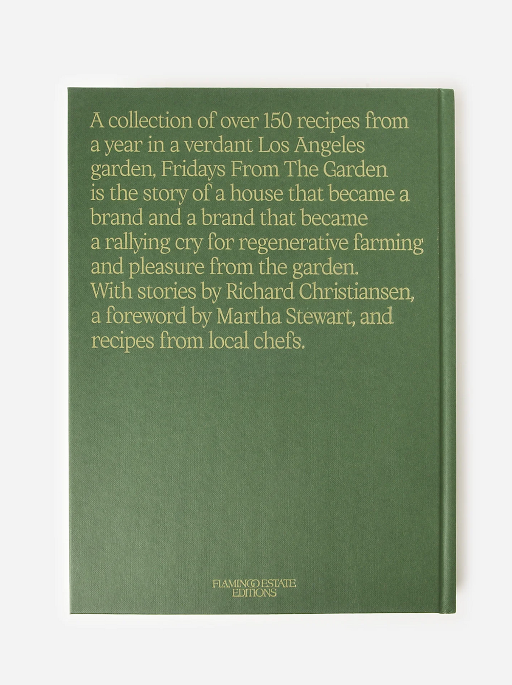 Green book titled 'Fridays from the Garden' by Flamingo Estate on a textured surface with a light background