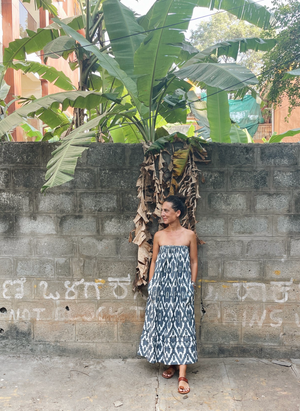 Indigo Ikat Strapless Dress